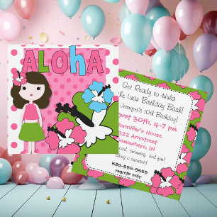 Invitation Aloha Anniversaire (Fille des cheveux Brown) Invit