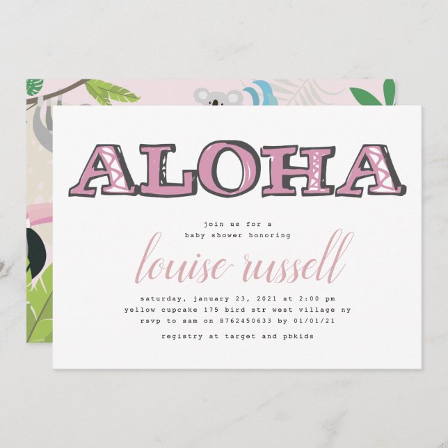 Invitation Aloha Baby Animal tropical | BABY SHOWER (Devant / Derrière)