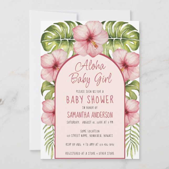 Invitation Aloha Baby Girl Douche Tropicale Aquarelle Florale (Devant)