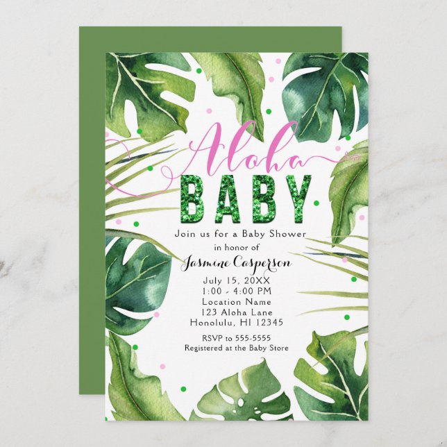 Invitation ALOHA Baby shower Feuilles tropicaux rose et vert (Devant / Derrière)