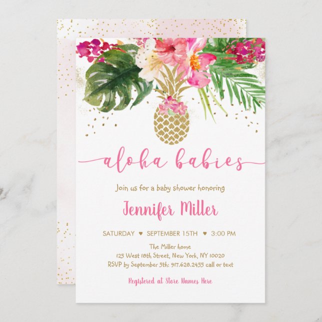 Invitation Aloha Baby shower jumeau rose ananas (Devant / Derrière)