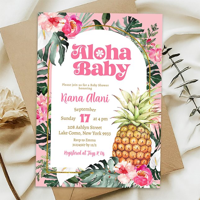 Invitation Aloha Baby shower rose Tropical Floral (Créateur téléchargé)