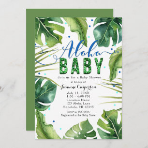 Invitation ALOHA Baby shower Tropical Feuilles Blue Green