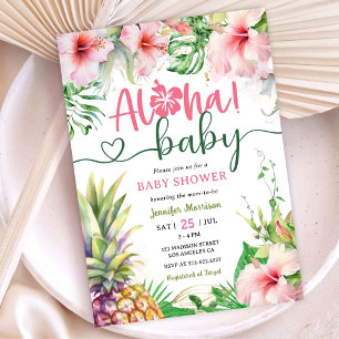 Invitation Aloha ! Baby shower tropical Luau fille rose