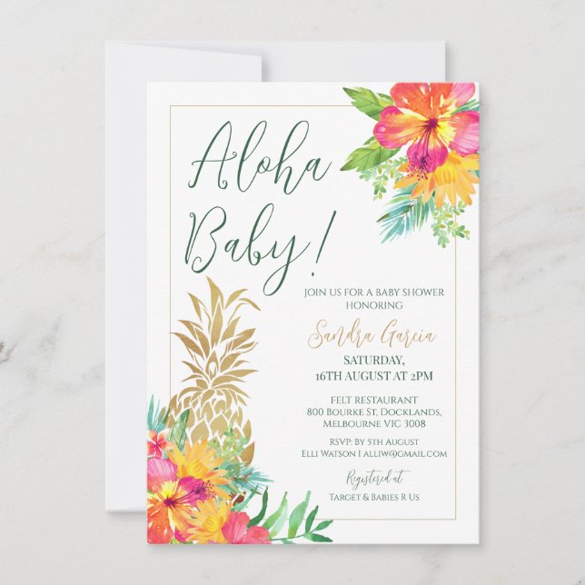 Invitation Aloha Baby Tropical Floral Ananas Douche (Devant)