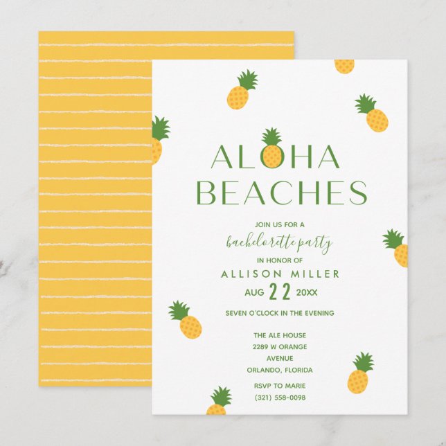 Invitation Aloha Beaches Pineappy Bachelorette Party (Devant / Derrière)