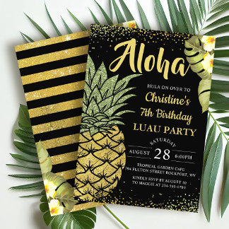 Invitation Aloha Black Gold Tropical Anniversaire