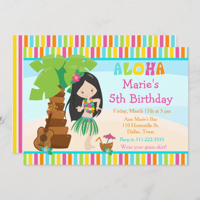 Invitation Aloha Cute Black Coiffeuse Fête d'anniversaire (Devant / Derrière)