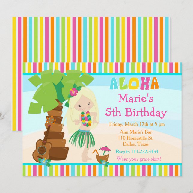 Invitation Aloha Cute Blonde Fille fête d'anniversaire (Devant / Derrière)