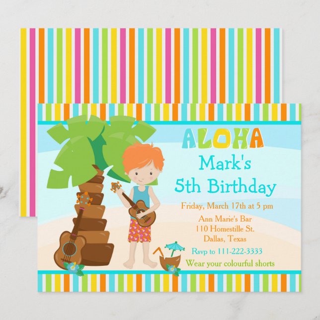 Invitation Aloha Cute Red cheveux garçon fête d'anniversaire (Devant / Derrière)
