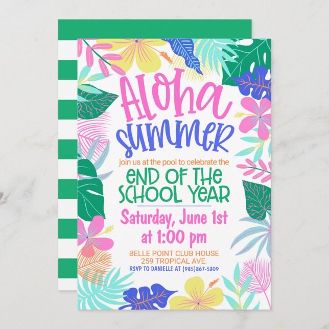 Invitation Aloha Fin d'été de l'année scolaire Fête (Devant / Derrière)