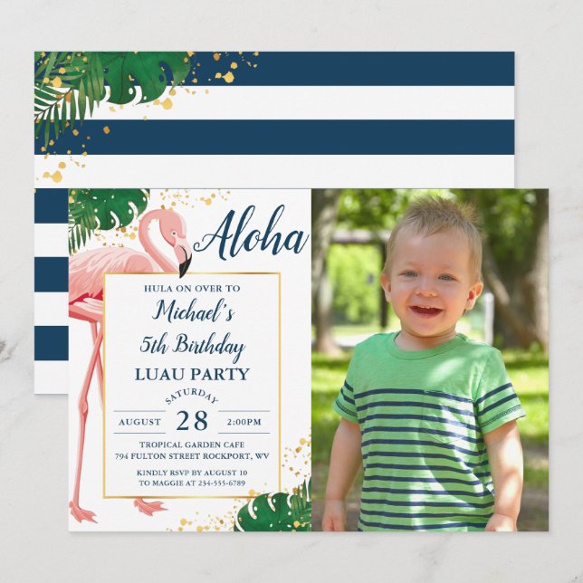 Invitation Aloha Flamant rose Blue Gold Tropical Birthday Pho (Devant / Derrière)