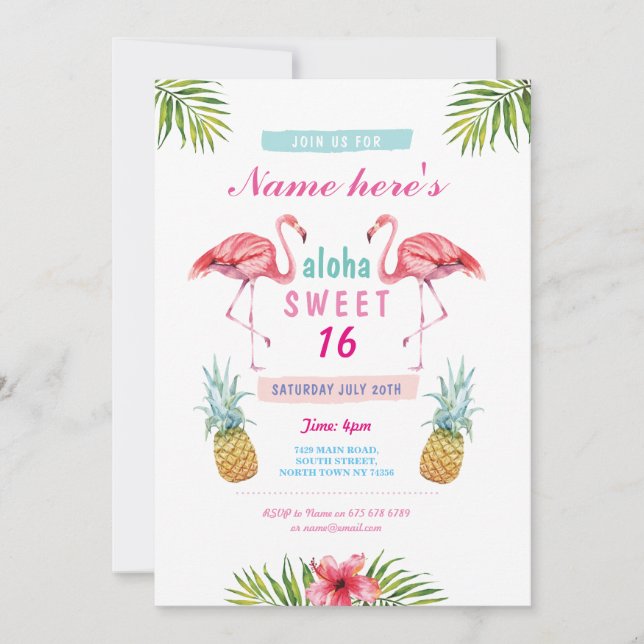 Invitation Aloha Flamant rose Sweet 16 16e anniversaire Invit (Devant)