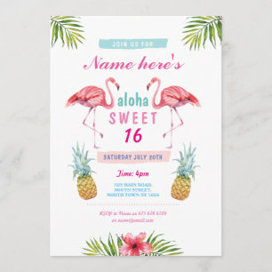 Invitation Aloha Flamant rose Sweet 16 16e anniversaire Invit