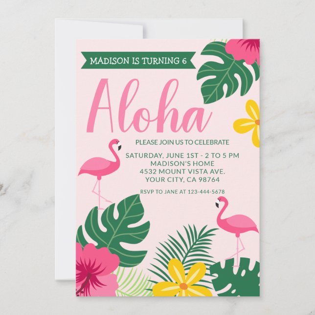 Invitation Aloha Flamant rose tropical Luau fête d'été (Devant)