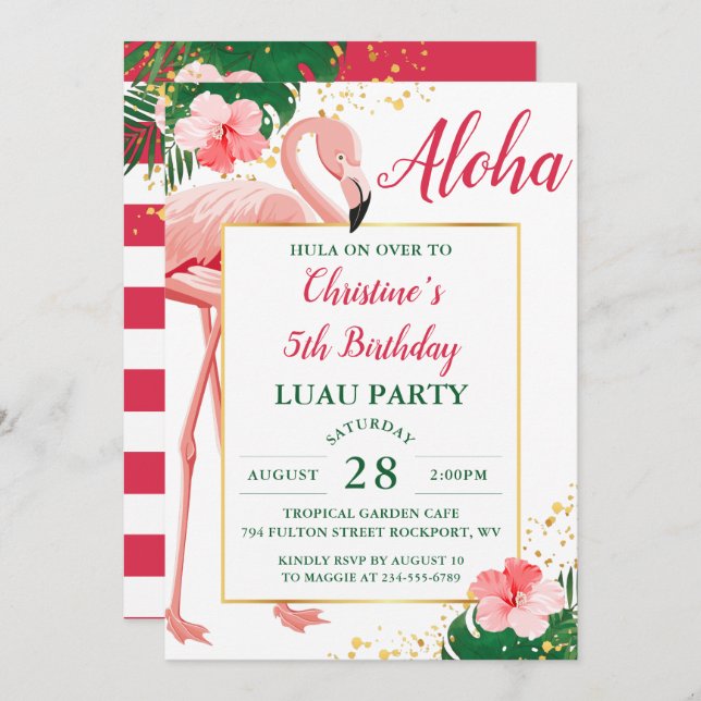 Invitation Aloha Flamant rose tropical rose Floral Luau Anniv (Devant / Derrière)