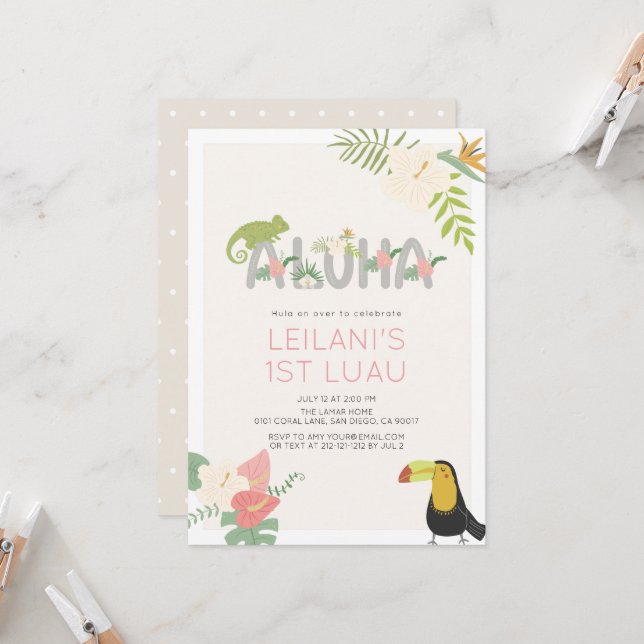 Invitation Aloha Fleur Tropicale Fille Toucan 1er Anniversair (Devant/Arrière en situation)