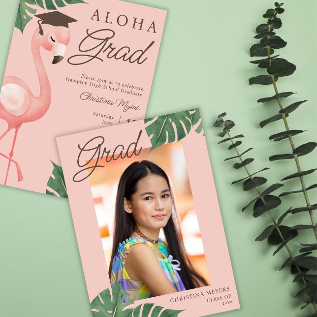 Invitation Aloha Grad rose Flamant rose Tropical Girl Graduat (Créateur téléchargé)