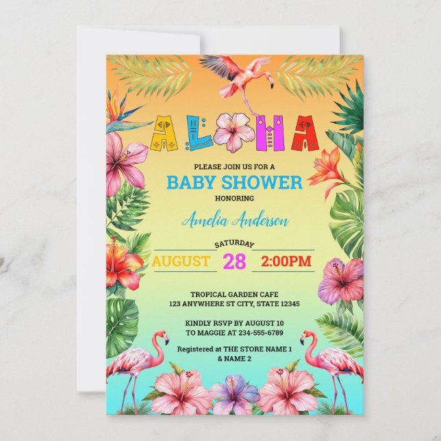 Invitation Aloha Hawaii Baby shower de Flamant rose tropical (Devant)