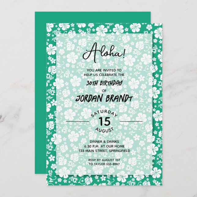 Invitation Aloha Hawaiian Floral Green fête d'anniversaire (Devant / Derrière)