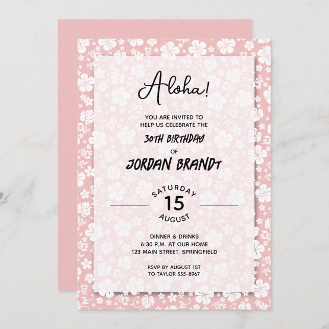 Invitation Aloha Hawaiian Floral rose fête d'anniversaire (Devant / Derrière)