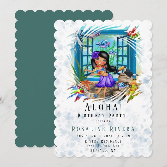Invitation Aloha Hawaiian Preteen Fille fête d'anniversaire (Devant / Derrière)
