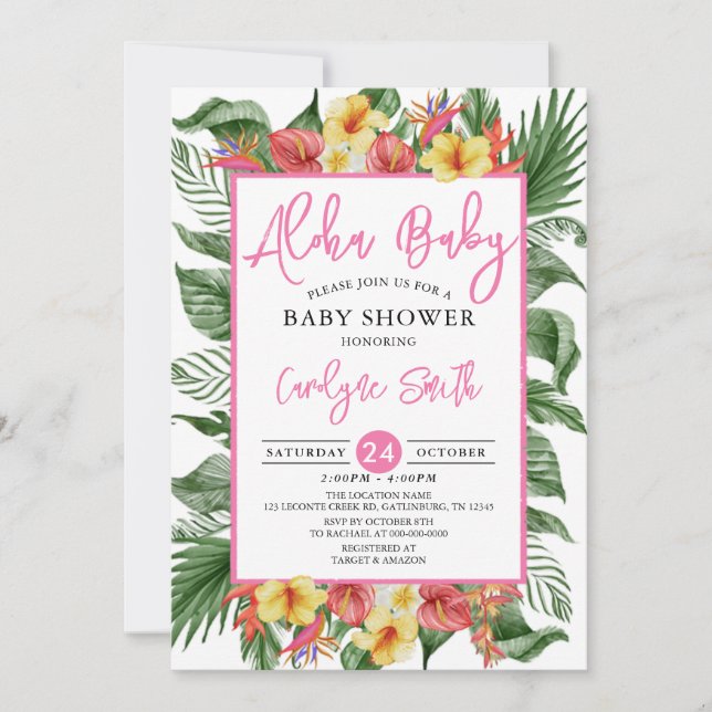 Invitation Aloha Hawaiian Tropical Rose Girl Baby shower (Devant)