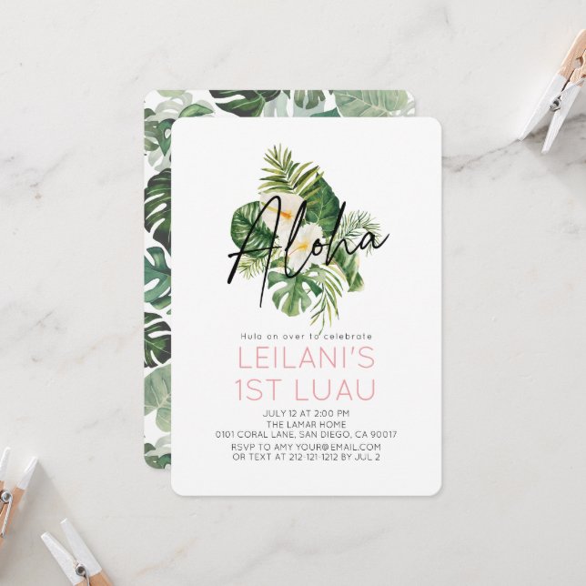 Invitation Aloha Hibiscus Blanc Tropical 1er Anniversaire (Devant/Arrière en situation)
