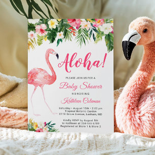 Invitation Aloha Luau Baby shower Flamant rose tropical flora