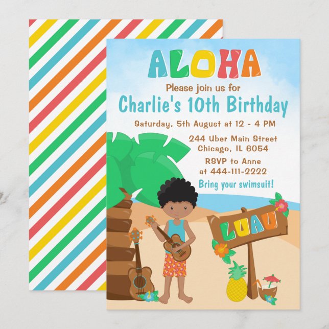 Invitation Aloha Luau Beach Anniversaire African American Boy (Devant / Derrière)