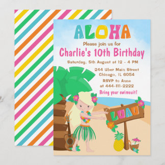 Invitation Aloha Luau Beach Anniversaire Blonde Hair Girl Inv