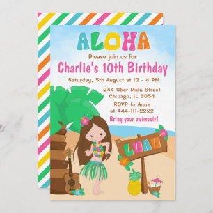 Invitation Aloha Luau Beach Anniversaire Cheveux Brown Fille 