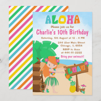Invitation Aloha Luau Beach Anniversaire Red Hair Girl Invita