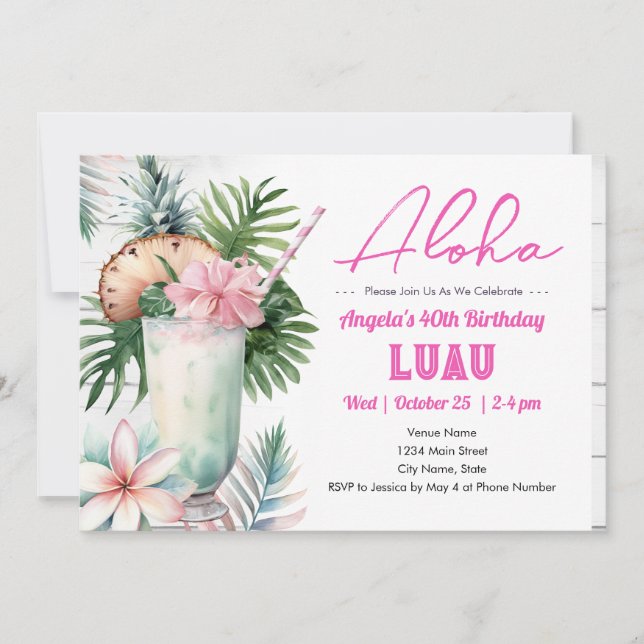 Invitation Aloha Luau Boisson Tropicale Adulte Anniversaire (Devant)