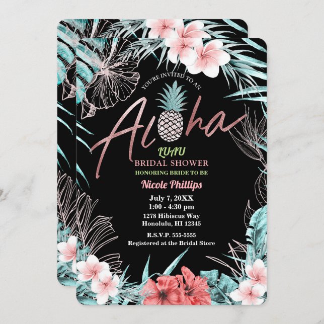 Invitation Aloha Luau Botanique Aloha rose Gold Tropical (Devant / Derrière)