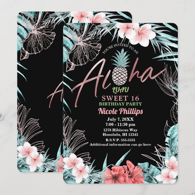 Invitation Aloha Luau Sweet rose Or Tropical Ananas 16 (Devant / Derrière)