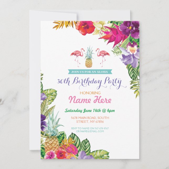 Invitation Aloha Luau Tropical Birthday Flamant rose Party In (Devant)