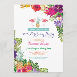 Invitation Aloha Luau Tropical Birthday Flamant rose Party In