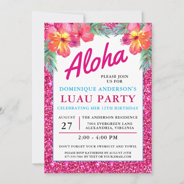 Invitation Aloha Luau Tropical Hawaiian Parties scintillant r (Devant)
