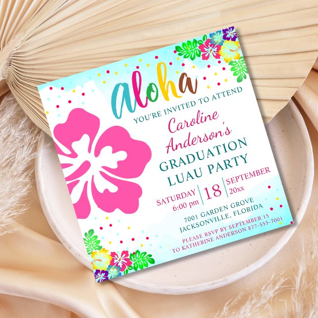 Invitation Aloha Luau Tropical Hibiscus Carré Graduation (Créateur téléchargé)