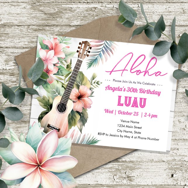 Invitation Aloha Luau ukulele Adulte Anniversaire (Créateur téléchargé)