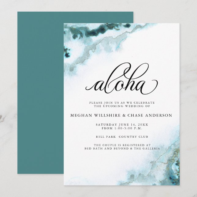 Invitation Aloha moderne Turquoise aquarelle Moss Agate (Devant / Derrière)
