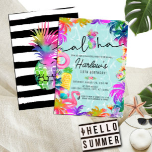 Invitation Aloha Neon Tropical Luau Pool Party Anniversaire
