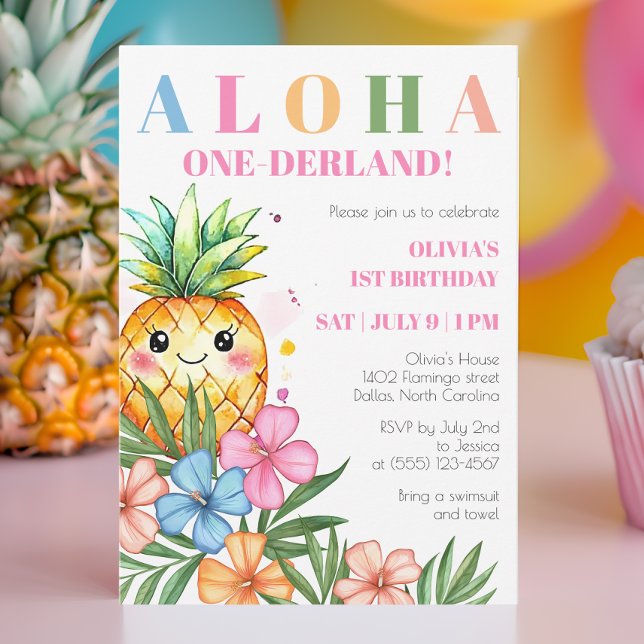 Invitation Aloha Onederland Été Ananas 1er Anniversaire (Aloha Onederland Summer Pineapple 1st Birthday Invitation)