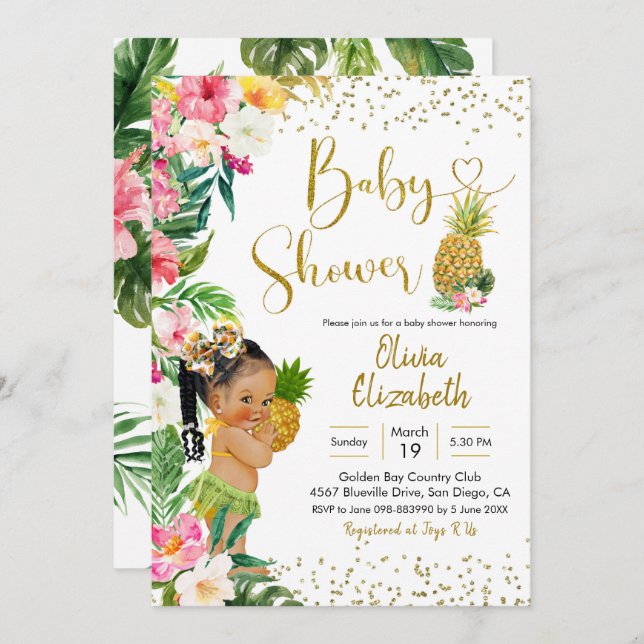 Invitation Aloha Pineapple Baby shower Africain Fille (Devant / Derrière)