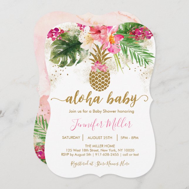 Invitation Aloha Pineapple Baby shower floral tropical (Devant / Derrière)