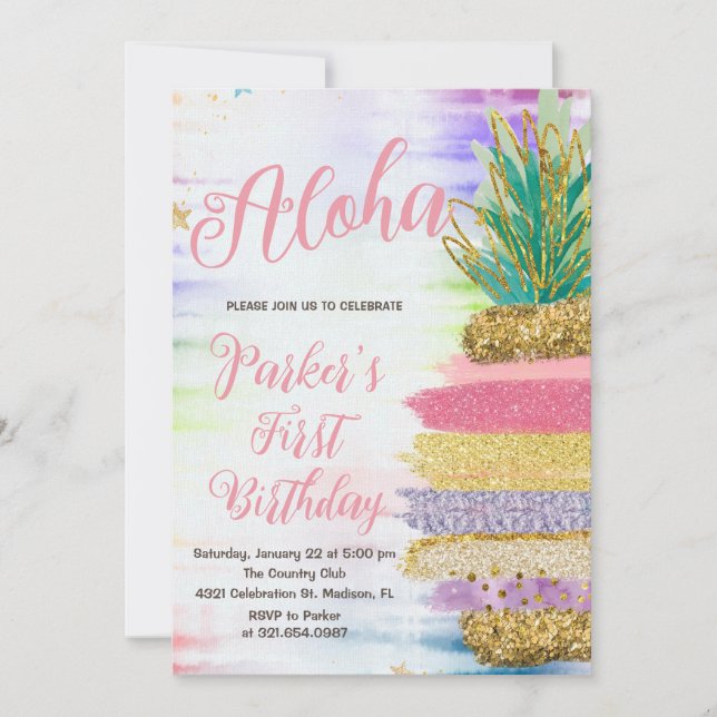 Invitation Aloha Pink Gold Rainbow Anniversaire (Devant)