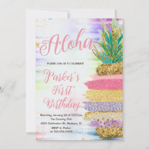 Invitation Aloha Pink Gold Rainbow Anniversaire