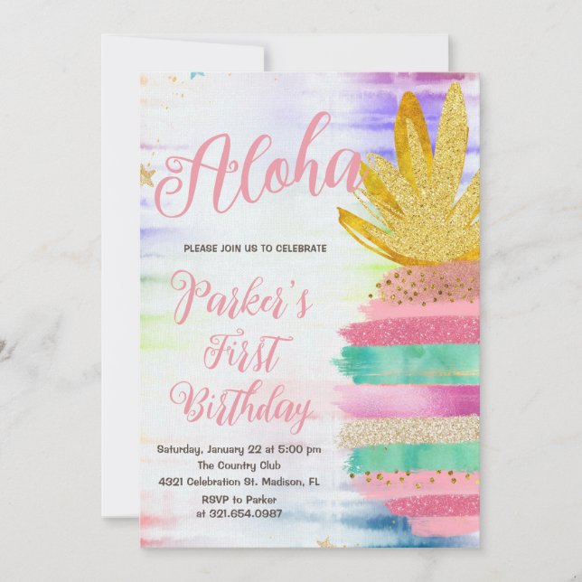 Invitation Aloha Pink Gold Rainbow Anniversaire (Devant)