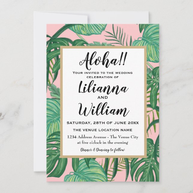Invitation Aloha Pink Hawaiian Tropical Feuilles Beach Mariag (Devant)